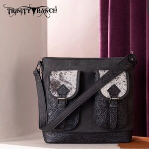 Trinity Ranch Genuine Hair-On Cowhide Tooled Concealed Carry Hobo Bag- Black